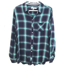 Foxcroft plaid button down shirt women 14 purple/navy/teal soft preppy classic